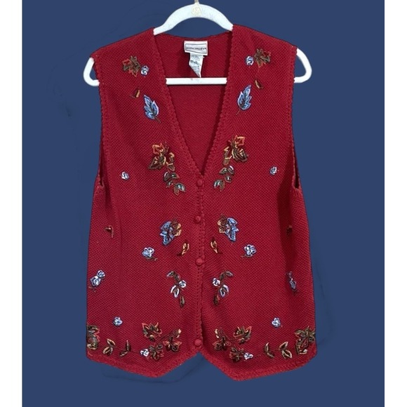 VTG Womens Embroidered Floral Sweater Vest 3x Red Cottagecore Granny Retro 90s - Picture 1 of 8